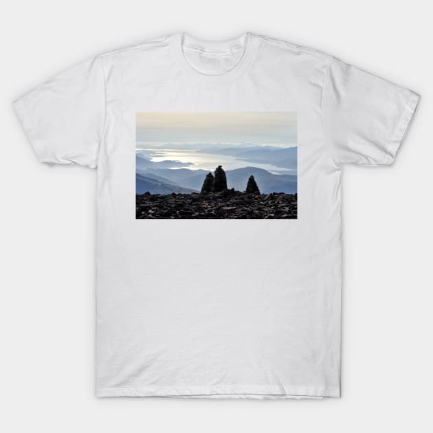 Three Cairns located near the summit of Ben Nevis T-Shirt by richflintphoto